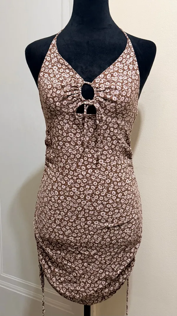 Cotton Candy LA Brown Floral Halter Tie Mini Dress Size M - NWOT - Image 3