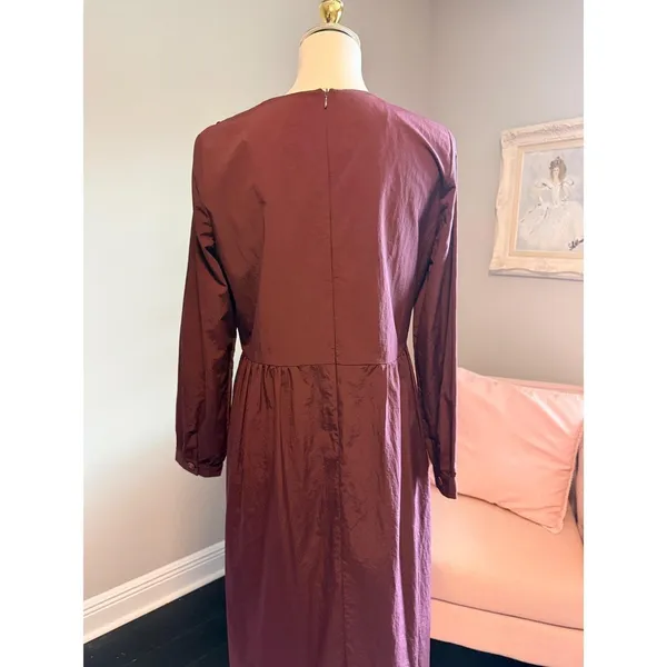 SARAH COLLECTION Burgundy Ruffle Neck Long Sleeve Midi Dress‎ Women Siza Large - Image 3