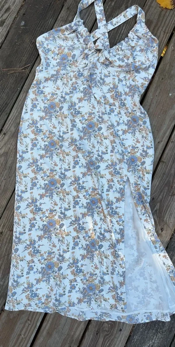 Abercrombie & Fitch Blue and Yellow Floral Halter Midi Dress Size L - Image 4