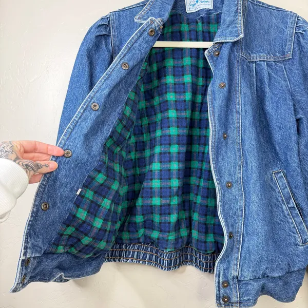 Vintage Sergio Valente VTG Western Pleated Flannel Puff Shoulder Denim Jacket - Image 4