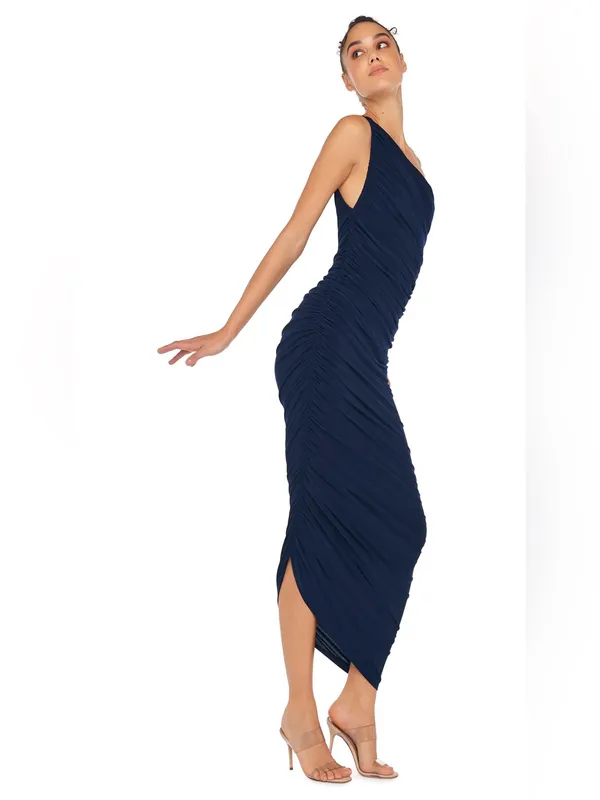 Norma Kamali Diana Gown Ruched One Shoulder Maxi Dress True Navy Blue Size XS - Image 2
