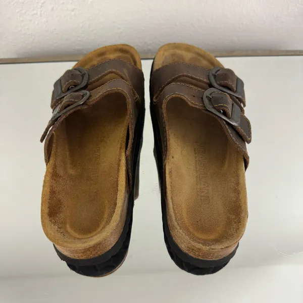EASTLAND Vintage 90s Womens Brown Leather Dual Strap Buckle Slip On Sandals - Image 4