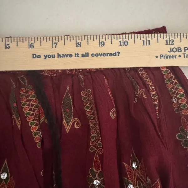 Boho Burgundy Paisley Sequin Embroidered Maxi Skirt Size Small Elastic Waist - Image 5