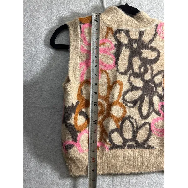 PacSun Floral Sweater Vest Womens Small Tan Pink Fuzzy Knit Mock Neck Crop Boho - Image 7