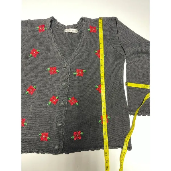 Victoria Jones VintageSweater Poinsettia Cardigan Beaded Christmas Grandma M - Image 5
