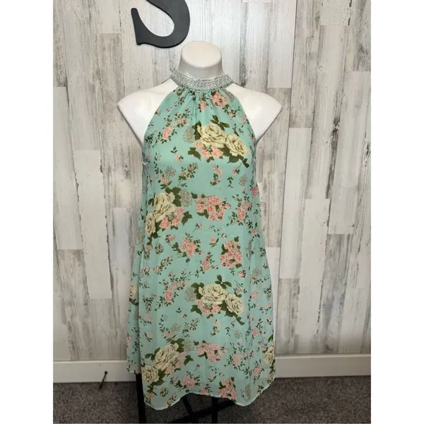 Green floral flare dress size small - Image 2