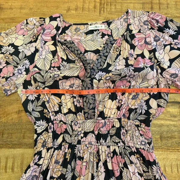 Natural Life Bella Maxi Dress M Boho Floral Smocked Waist Tiered Pockets Pink - Image 10