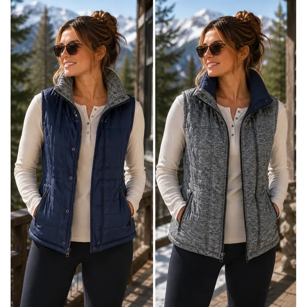 Zella Reversible Quilted Puffer Vest Navy Blue Grey‎ Space Dye Womens Small - Image 2