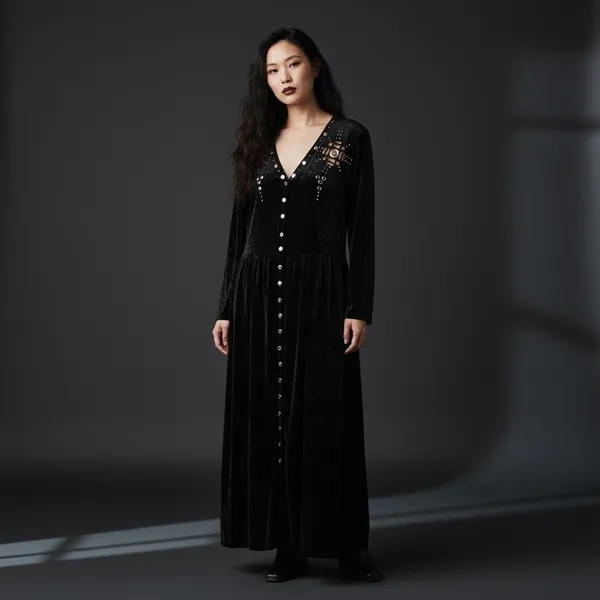 Vintage 90s black Gold embellished crushed velvet maxi whimsigoth emo glam - Image 3