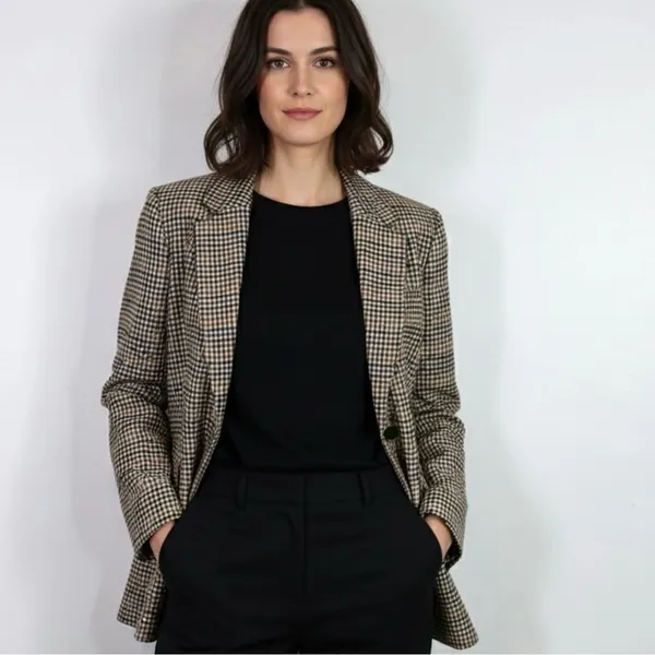 H&M Blazer Jacket Houndstooth Brown Fitted 1 Button Academia Small Fall $49 - Image 2