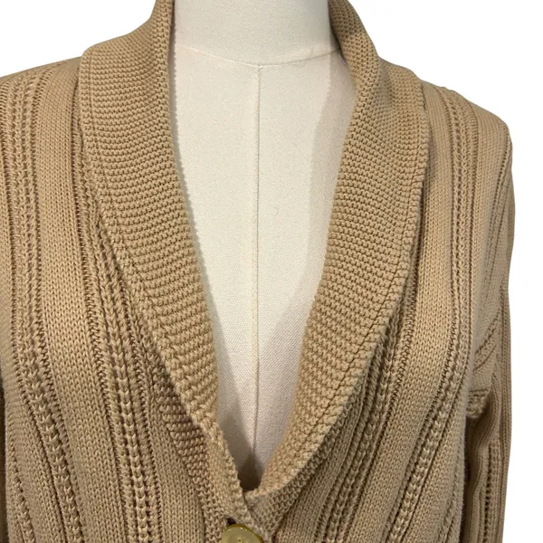 Chaps Petite Cable Knit Peplum Cardigan Boho 100% Cotton Shawl Collar Tan P/L - Image 2