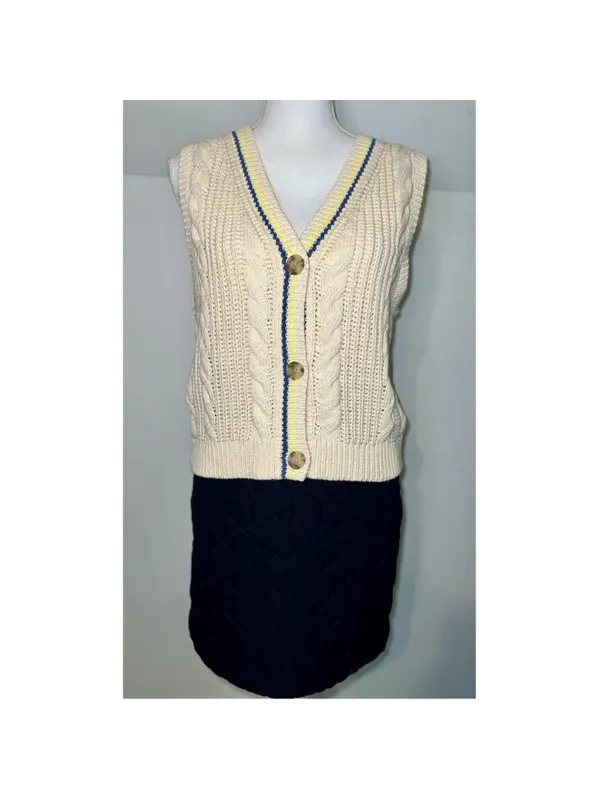 NEW American Eagle Cable Knit Button Vest, Size M, Beige and Blue - Image 2