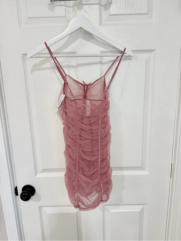 NEW Auden Pink Ruched Mesh Slip Dress Sheer Tulle Bow Front Romantic Lingerie - Image 5