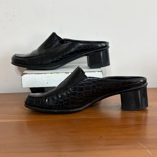 Aerosoles Pepperoni Black Croc Embossed Mules Block‎ Heel Square Toe Mens 10M - Image 2