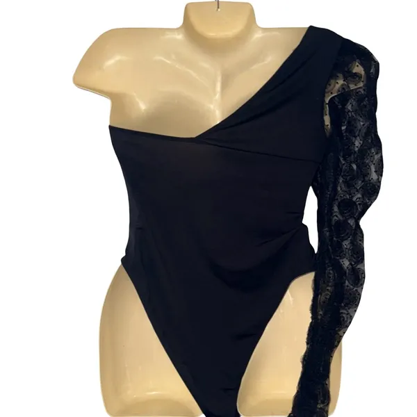 SheIn Black One-Shoulder Bodysuit with Lace Detail - Image 6
