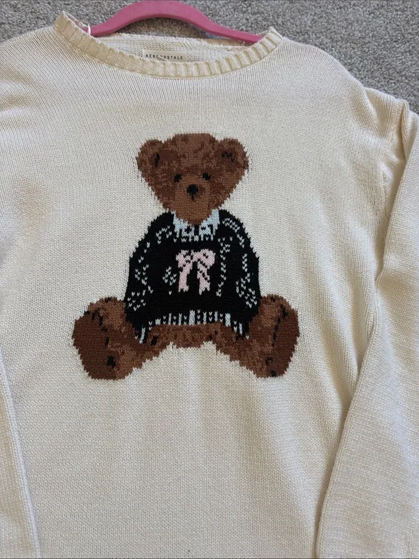 Aeropostale Cream Knit Sweater with Teddy Bear - Image 3