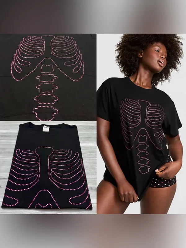 PINK Victoria's Secret Black Tee with Pink Studded Ribcage Graphic L - Image 2
