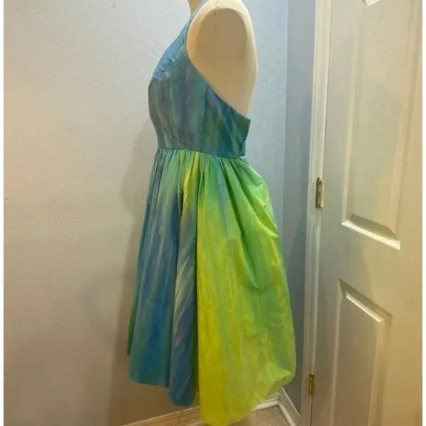 Vintage‎ Handmade Halter Dress Blue Green Watercolor Fit and Flare Fairy Dress 4 - Image 11