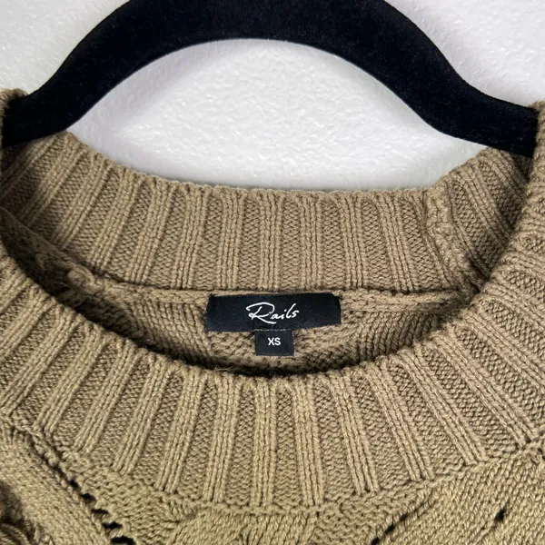 Rails Francis Cable Knit Fringe Sweater Olive Green XS Pullover‎ Crew Neck - Image 3