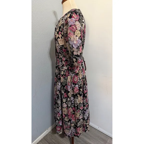 Miss Dorby Vintage 90s Floral Midi Dress L Black Purple Button‎ Front USA Made - Image 14