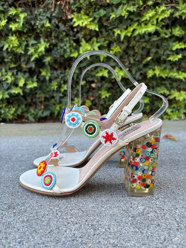 Valentino medallion beaded floral lucite-heel leather sandal size 37 - Image 5