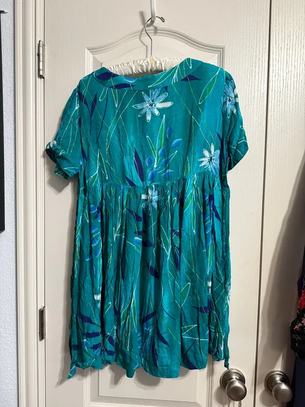 💙💖Vintage Tropical Pearl Button Teal Tie‎ Back Mini Dress Summer Resort Beach - Image 3