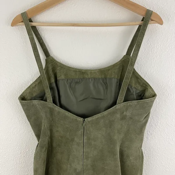 ARTURO Vintage 90s Army Green Suede Leather Grunge Asymmetrical Hem Mini Dress - Image 5