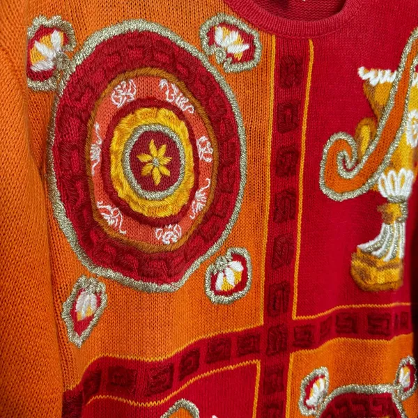 Vintage Grecian Embroidered‎ Sweater M Eccentric Artsy Geometric Maximalist 90s - Image 5