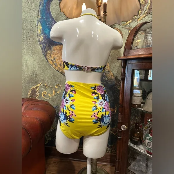 Vintage Retro High Waisted Bikini Set Floral Yellow Purple Rose Tropical Pinup L - Image 5