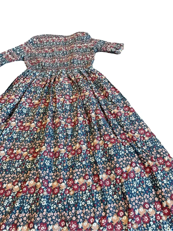 Ivy City Co Navy Burgundy Floral Smocked Midi Dress Boho Chic Day Medium Women's - Image 12