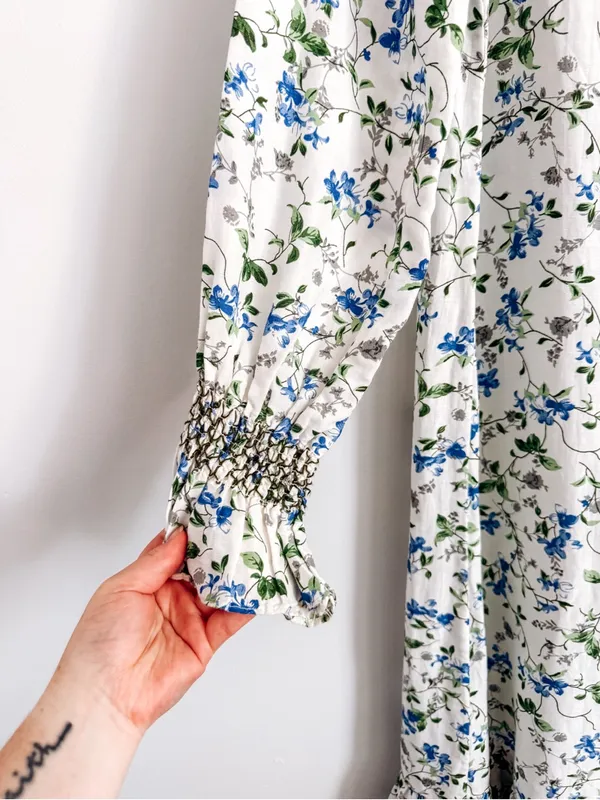 Zara White Blue Floral Smocked High Neck Maxi Dress Size S - Image 6