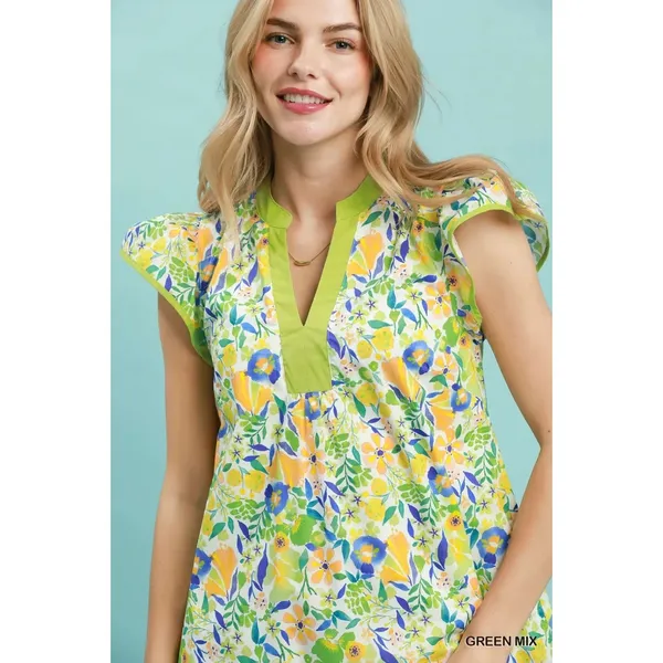 Umgee Floral Flutter Sleeve Tiered Mini Dress - Green Mix - Small - Image 4