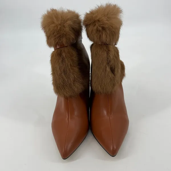 Fur Cuff‎ Pointed Toe Heeled Ankle Boots Womens EU 41 Brown Buckle Faux Leather - Image 2