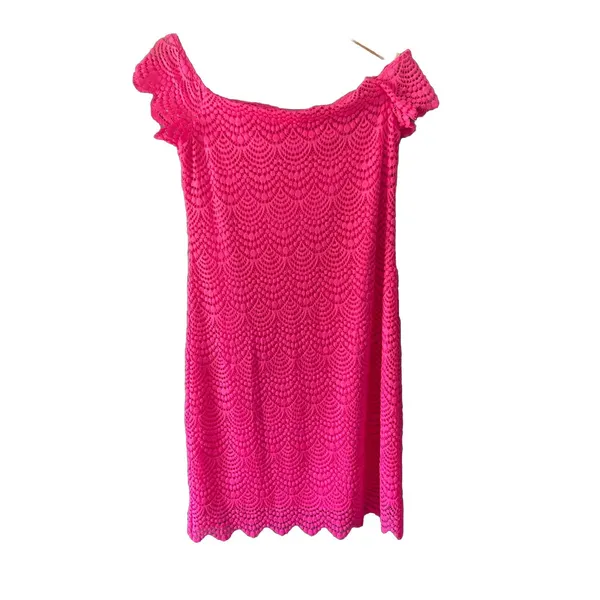 Lilly Pulitzer‎ Jade Pink Tropics scalloped shell lace dress Size S off shoulder - Image 7