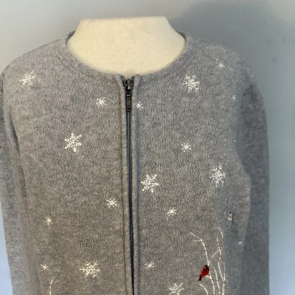 Croft & Barrow Cardigan Sz PL Full Zip Gray Cardinals Birds Holiday Winter‎ Snow - Image 4