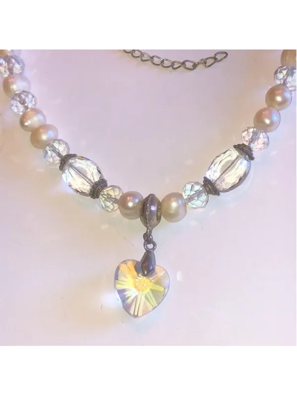 Silver Tone Genuine Pearls & Clear AB Beaded Boho Heart Pendant Necklace - Image 6