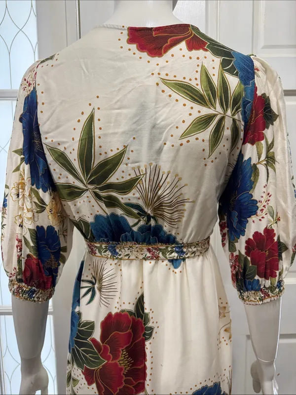 Farm Rio Floral Wrap Midi Dress in Cream with Blue & Red Blooms Size Small - Image 10