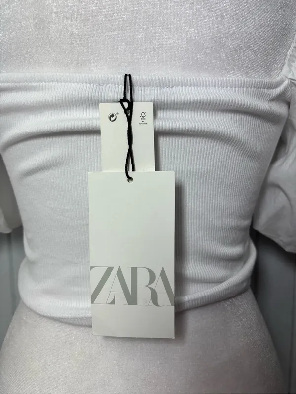 Zara White Puff Sleeve‎ Square-Neck Crop Top Size M - Image 5