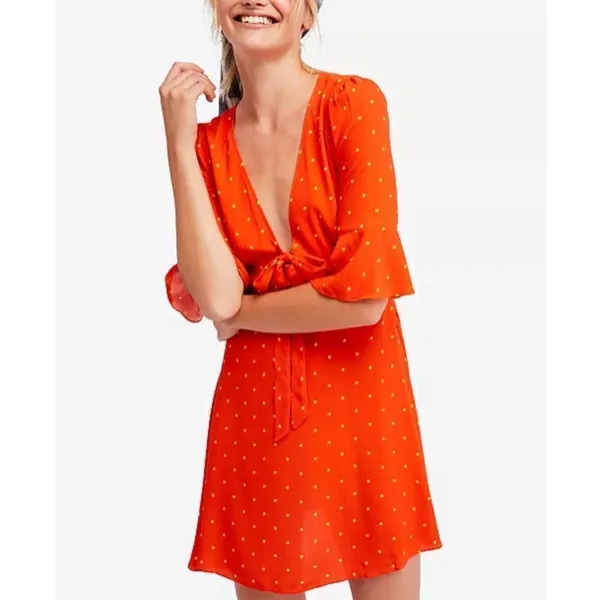 Free People All Yours Polka Dot Flounce Sleeve Mini Dress Orange Size‎ 4 V Neck - Image 15