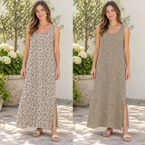 Reversible Maxi Dress L XL Floral Polka Dots Sleeveless Side Slits Tan Gray Mult - Image 2