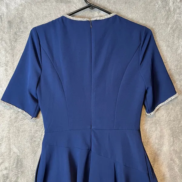 Kay Unger Navy Blue Fit & Flare Dress Elegant Draped Bodice Rhinestone Trim Sz 4 - Image 6