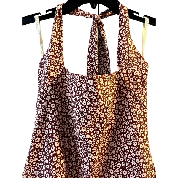 Free People Talk Back Square Neck Bodysuit Floral Halter Top size M red - Image 5