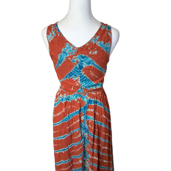 YFB Young Fabulous & Broke Sleeveless Rust‎ Orange & Blue Maxi Dress Med Tie Dye - Image 7