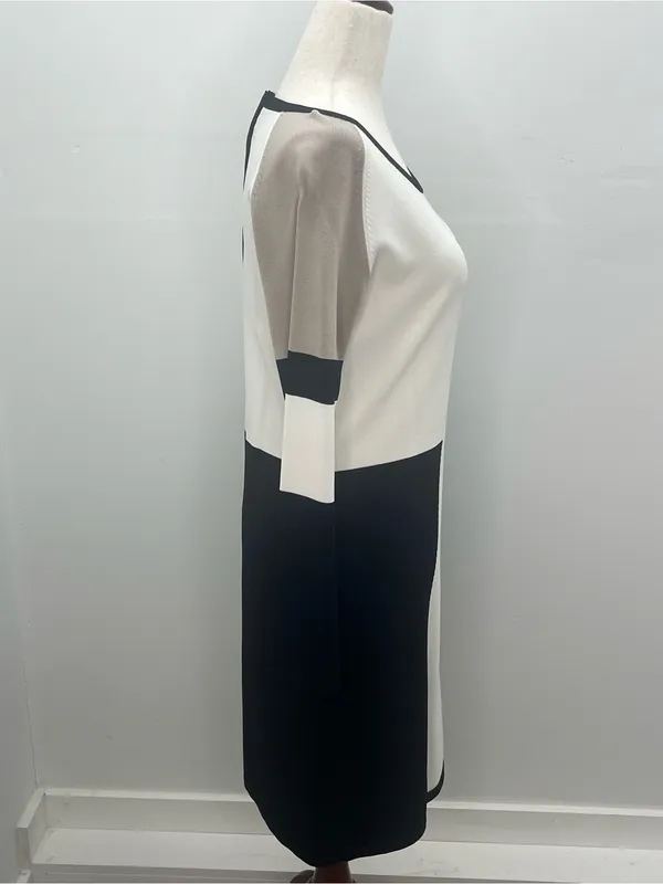 Calvin Klein Black White Taupe Long Sleeve Colorblock Knit Midi Dress Medium - Image 6