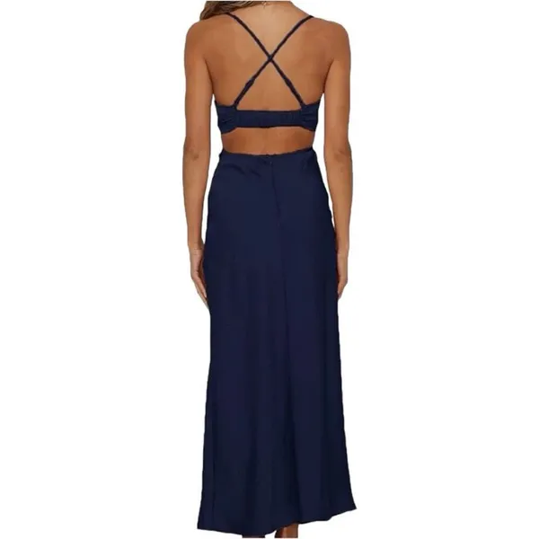 NWT Womens Fiemaoves Evening Gown Satin Silk Slip Backless Navy Maxi Dress - L - Image 2