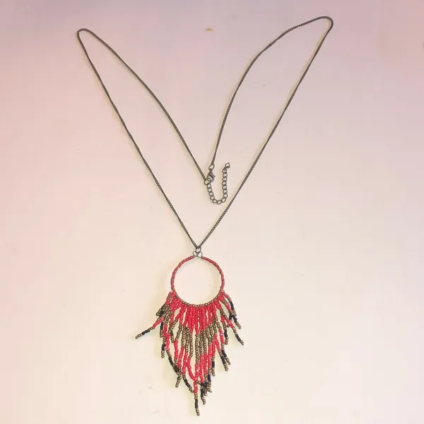 Beaded Boho Fringe Hoop Necklace - Red and Bronze - Image 4