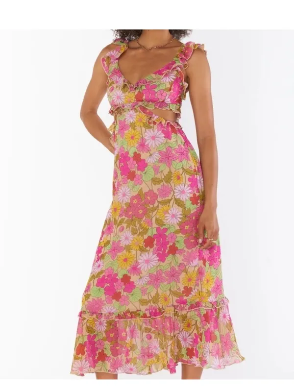Show Me Your MuMu Pink, Yellow & Green Floral Ruffle Midi Dress - Image 10