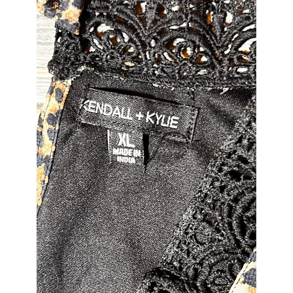 Kendall + Kylie Leopard Print Lace Trim Mini Dress XL Peasant‎ Boho V Neck Short - Image 3