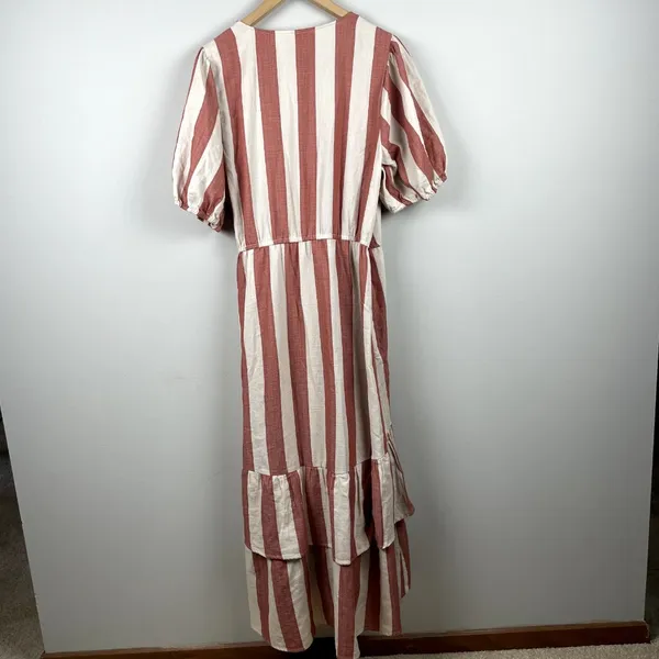 Knox Rose Wrap Dress L Maxi V-Neck Striped Cream‎ Brick Tiered Short Puff Sleeve - Image 8