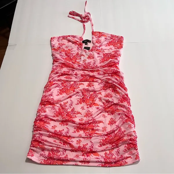 NWT Lulus Hot Off The Mesh Pink Floral Ruched Bodycon Halter Mini Dress LARGE‎ - Image 5